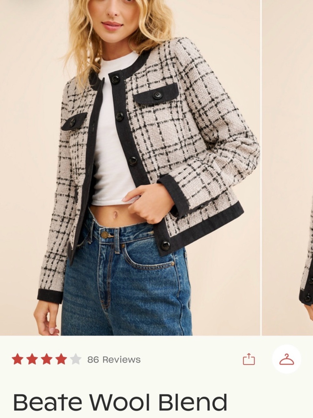 Wool-Blend Cream & Black Trim Tweed Jacket